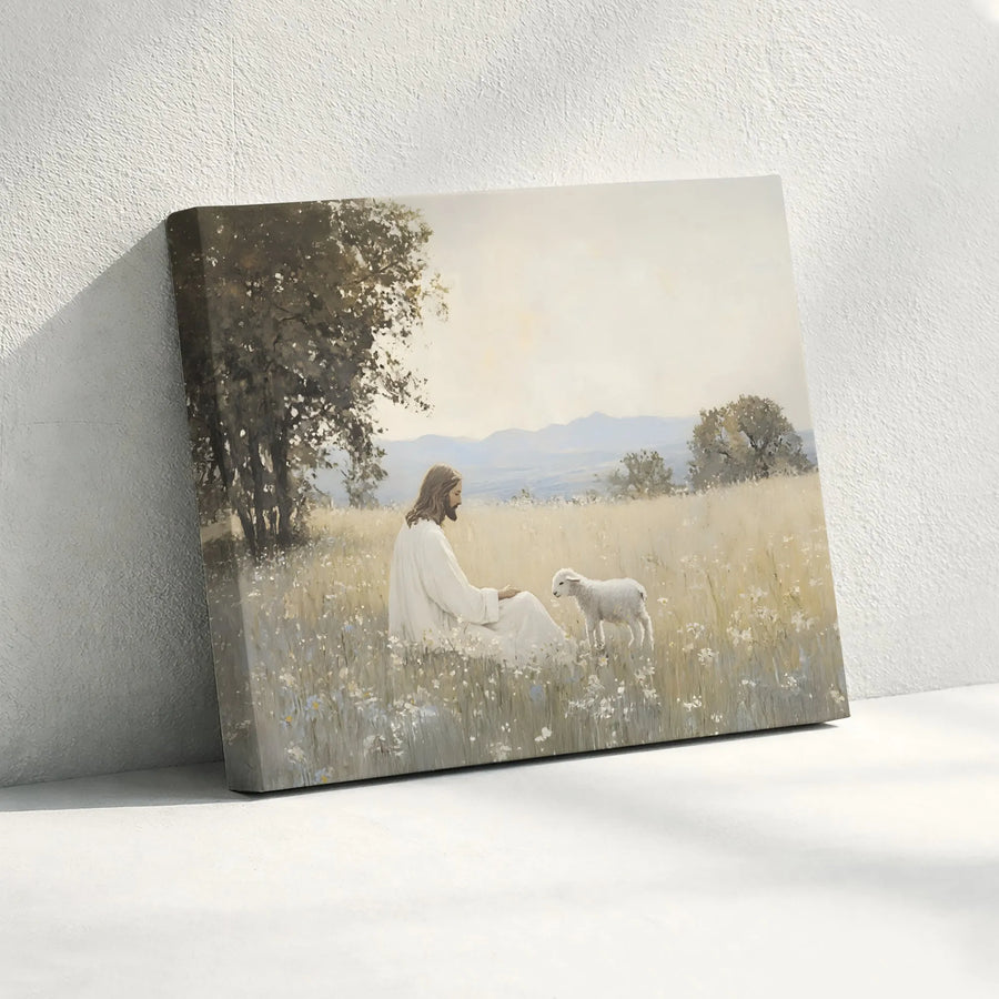 Jesus With Lamb Wall Art | Religious Meadow Painting | Premium Gallery-Wrapped Canvas | Christian Home Decor Gift