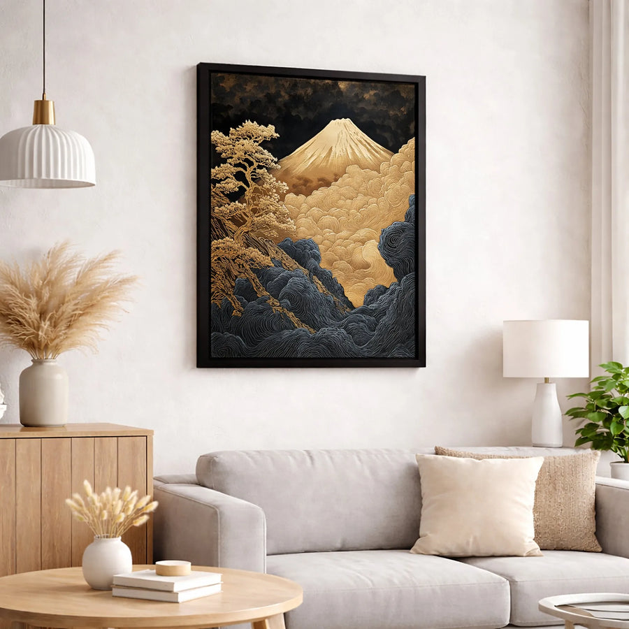Japanese Mountain Wall Art | Golden Mount Fuji & Pine Tree Print | 1.25” Premium Gallery Canvas | Zen Home Office Decor