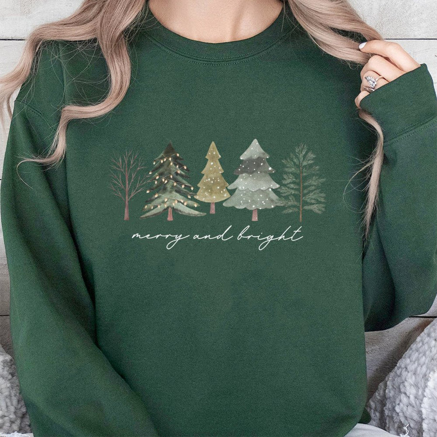 Merry and Bright Christmas Tree Sweatshirt | Minimalist Winter Holiday Graphic | Cozy Cotton Blend | Unisex Xmas Gift for Women and Men