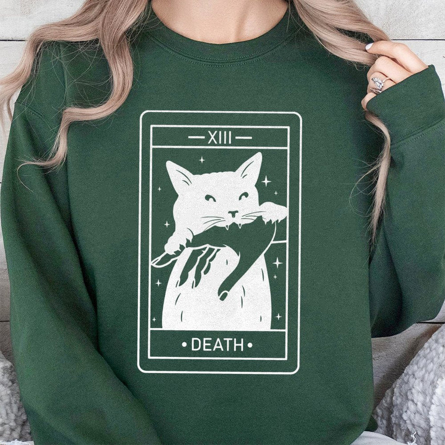 Tarot Card Black Cat Sweatshirt | Death Tarot Card Graphic Design | Cotton Blend Crewneck | Witchy Aesthetic Gift for Cat Lovers