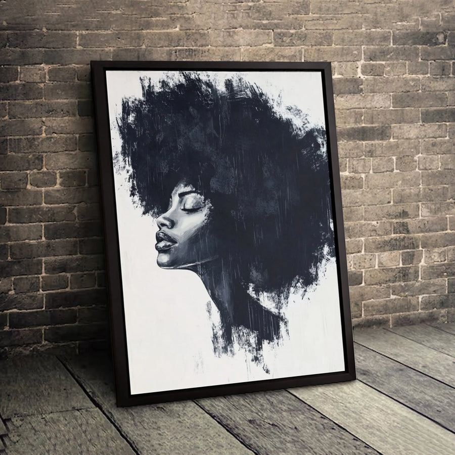 Black Woman Afro Canvas Art | Minimalist Black and White Portrait | Premium Gallery Wrap Wall Decor | Modern Living Room Home Gift