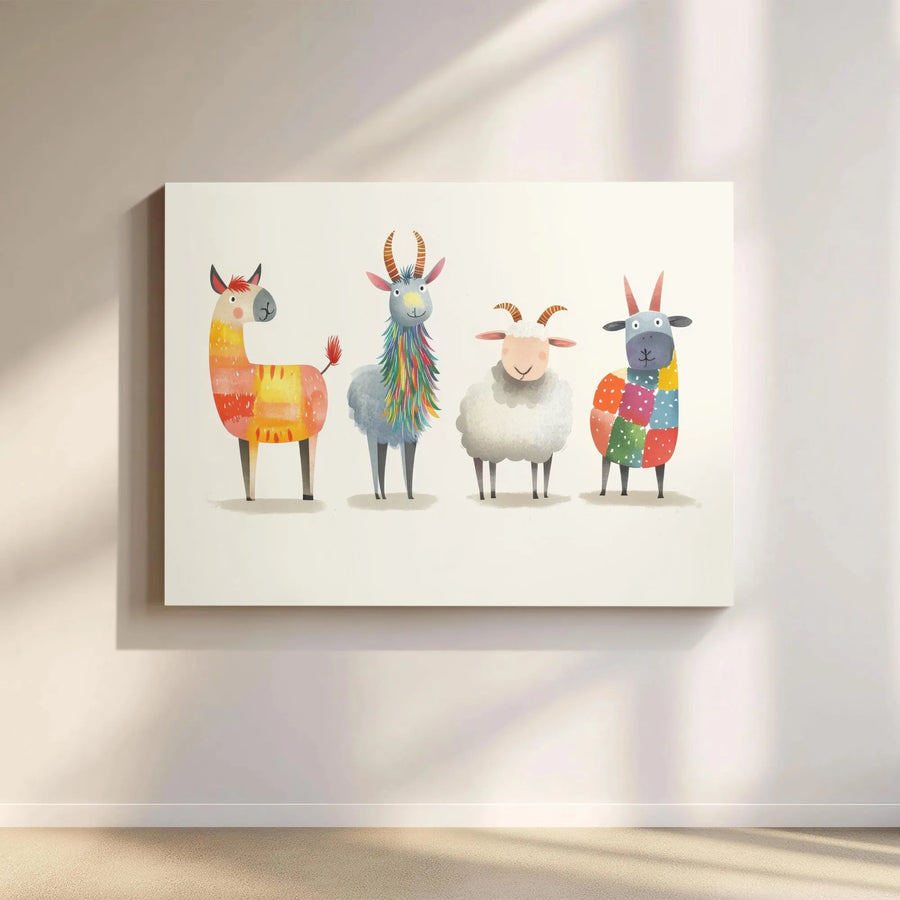 Whimsical Farm Animal Wall Art | Cute Llama Goat Sheep Watercolor Illustration | Premium Gallery Wrapped Canvas | Nursery Decor or Kids Room Gift