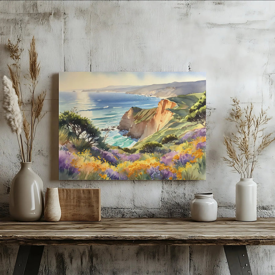 Coastal Cliffs Wall Art | Watercolor Ocean Landscape with Wildflowers | Premium Gallery Wrapped Canvas | Serene Beach Home Decor Gift