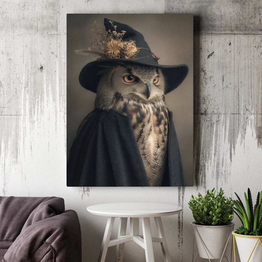 Witch Owl Canvas Wall Art | Vintage Animal Portrait with Floral Hat | Premium Gallery Wrapped Canvas | Gothic Home Decor Gift for Witchy Aesthetic