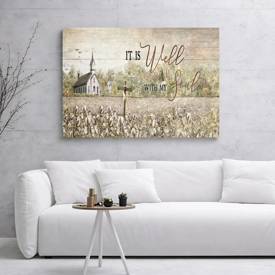 It Is Well With My Soul Wall Art | Rustic Church & Cotton Field Canvas | Premium Gallery Wrap Decor | Inspirational Religious Gift for Home