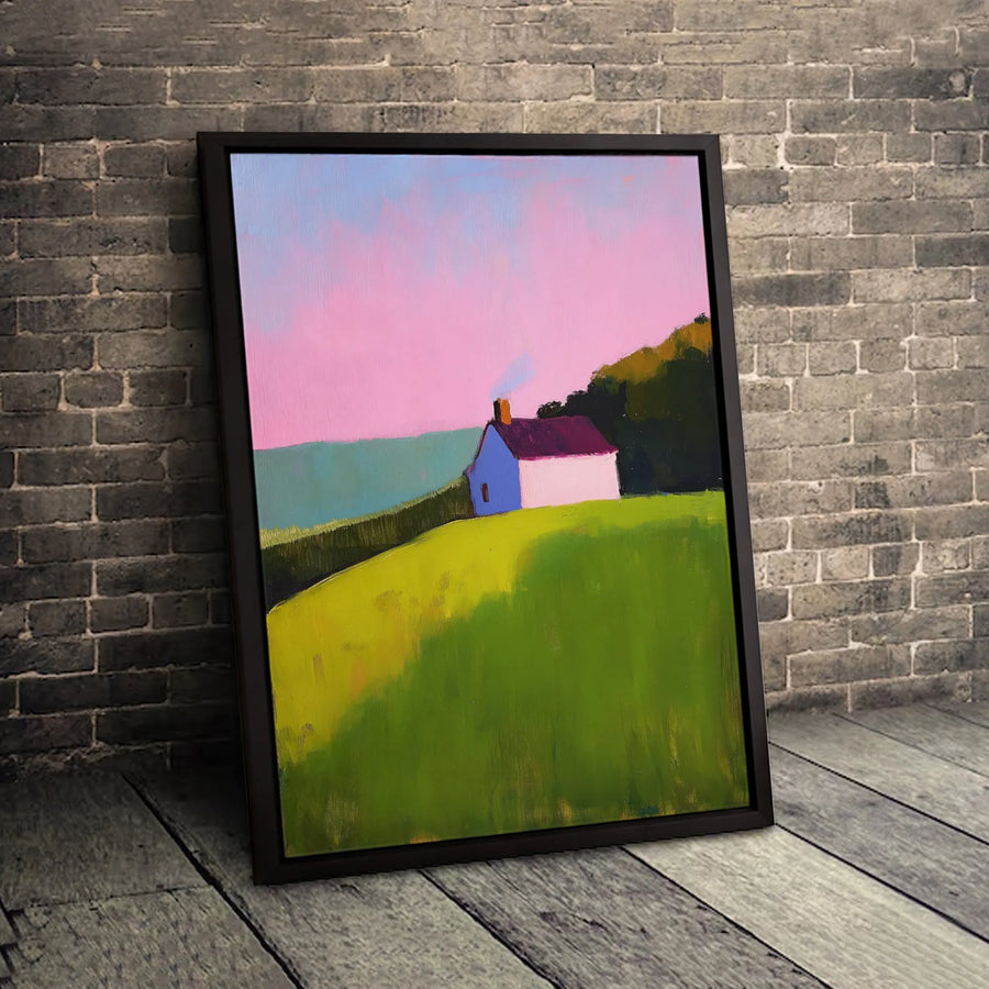 Minimalist Landscape Canvas Wall Art | Impressionist House on Hill Painting | Gallery Quality Fade-Resistant Print | Modern Home Office Decor
