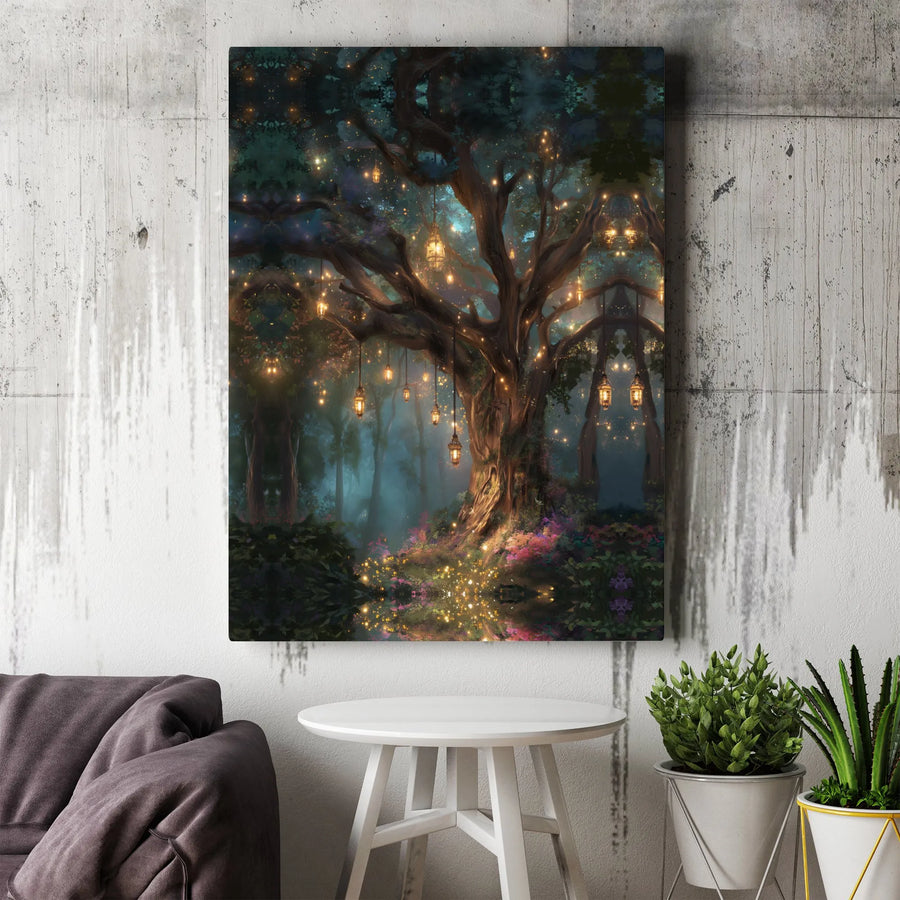 Enchanted Forest Canvas Print | Magical Tree with Glowing Lanterns | Premium High-Resolution Wall Art | Fantasy Home Decor Gift