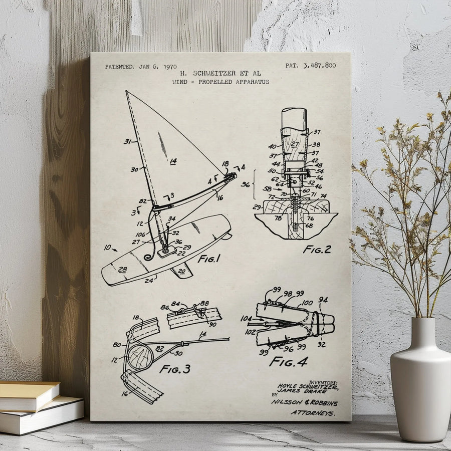 Windsurfer Patent Wall Art | 1970 Wind Propelled Apparatus Technical Drawing | Premium Gallery Wrap Canvas | Vintage Nautical Decor Gift For Sailors