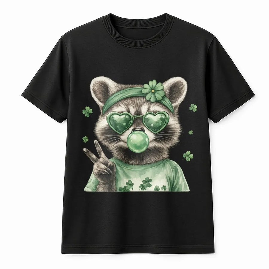 St Patrick's Day Raccoon T-Shirt | Retro Bubble Gum Graphic Tee | Premium Cotton Unisex Shirt | Cute Irish Shamrock Gift for Men and Women