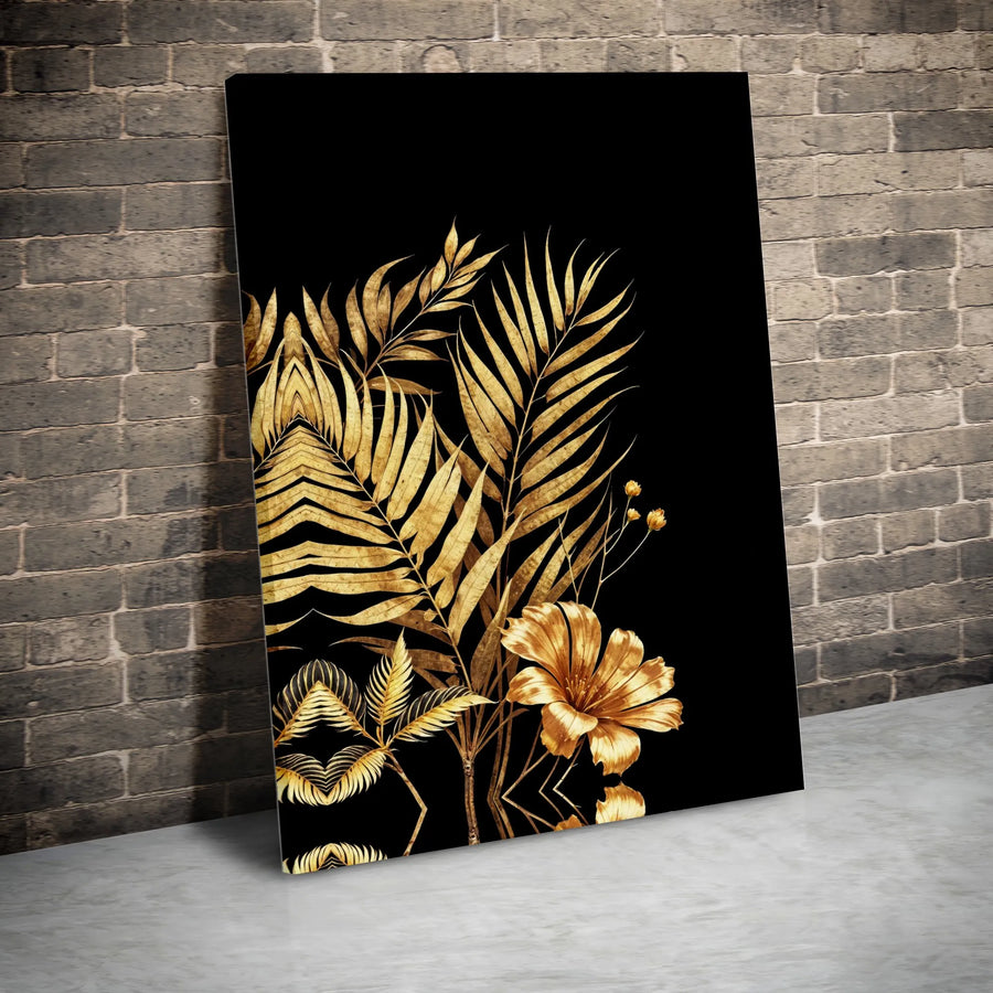 Gold Tropical Palm Leaf Wall Art | Elegant Black and Gold Botanical Print | Premium Gallery Wrapped Canvas | Luxury Modern Home Decor Gift
