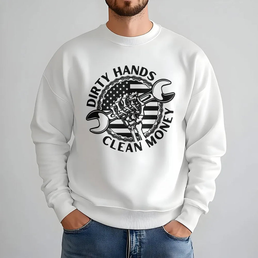 Mechanic Sweatshirt | Dirty Hands Clean Money American Flag Graphic | Premium Cotton Blend | Gift for Blue Collar Worker Hard Worker