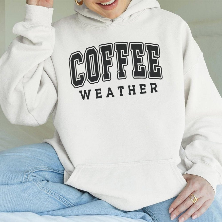 Coffee Weather Hoodie | Varsity Font Graphic Sweatshirt | Cotton-Polyester Blend | Cozy Fall Gift for Coffee Lovers & Caffeine Addicts