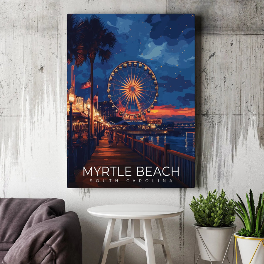 Myrtle Beach Canvas Wall Art | Vintage Travel Poster Illustration | Premium Gallery Wrapped Canvas | South Carolina Coastal Home Decor Gift