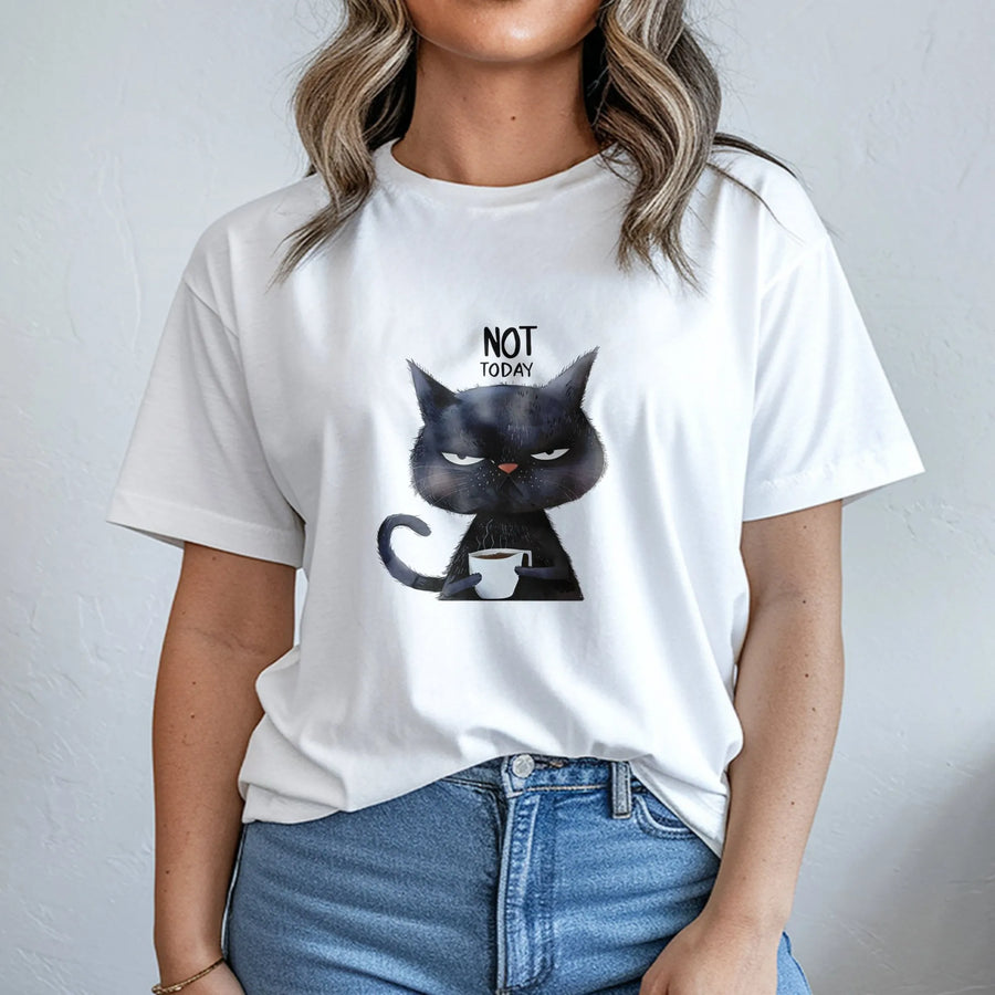 Not Today Cat T-Shirt | Grumpy Coffee Drinking Kitty Graphic Tee | Premium Cotton Casual Wear | Funny Animal Meme Gift for Cat Lovers