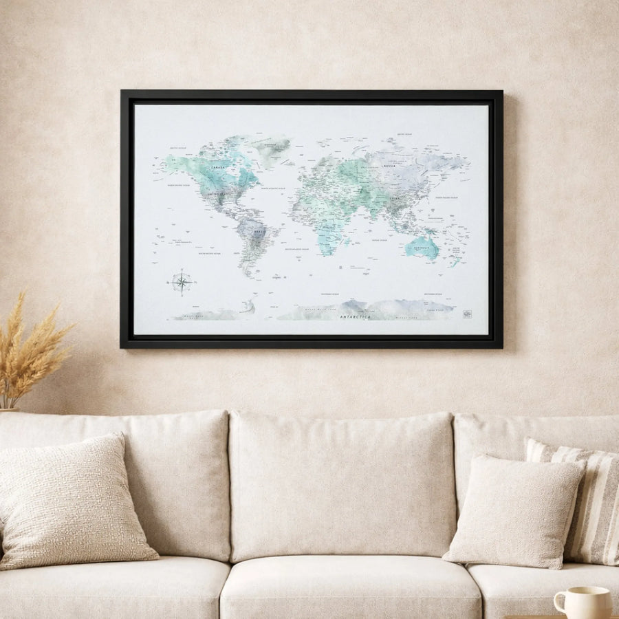 Watercolor World Map Canvas | Teal and Blue Earth Wall Art | Premium Gallery Wrapped 1.25" Profile | Modern Travel Home Decor Gift