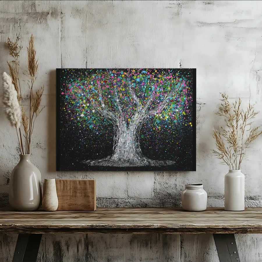 Abstract Tree Of Life Canvas Art | Vibrant Paint Splatter Design | 1.25-Inch Gallery Wrap Wood Frame | Modern Home & Office Wall Decor Gift