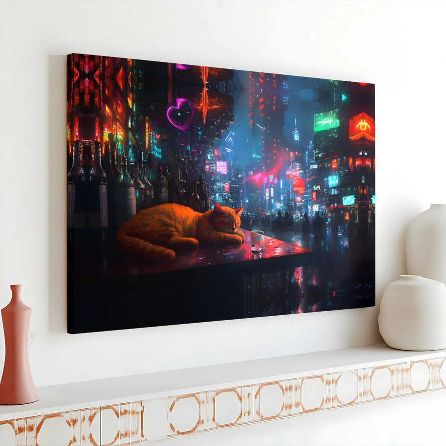Cyberpunk Cat Canvas Wall Art | Sleeping Ginger Cat in Neon City | Premium Gallery Quality Print | Sci-Fi Gamer Room Decor Gift