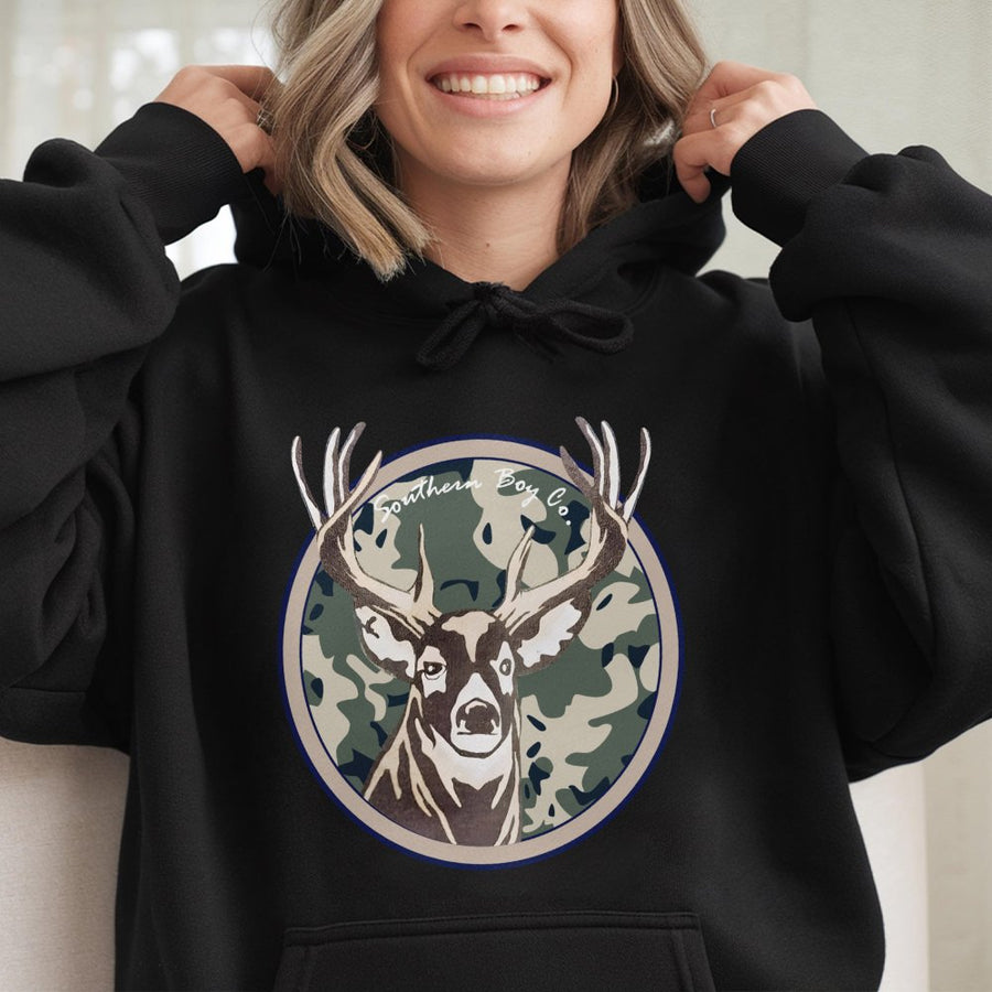 Deer Hunting Hoodie | Camo Buck Head Graphic Print | Premium Cotton Blend Sweatshirt | Wildlife Outdoors Gift For Hunter