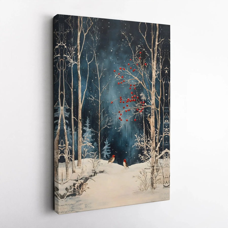 Winter Cardinal Canvas Wall Art | Snowy Birch Forest Nightscape | Premium Gallery Wrapped Print | Festive Holiday Home Decor