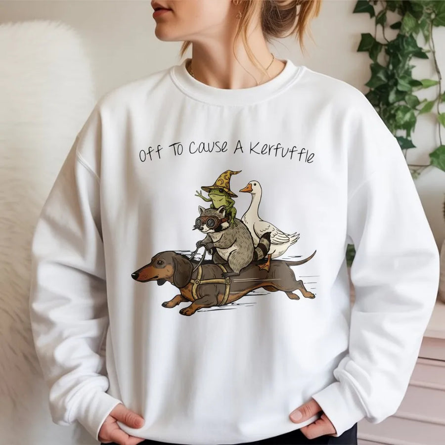 Off To Cause A Kerfuffle Sweatshirt | Funny Dachshund Raccoon Frog Goose Crewneck | Premium Cotton Blend | Gift for Animal Lovers