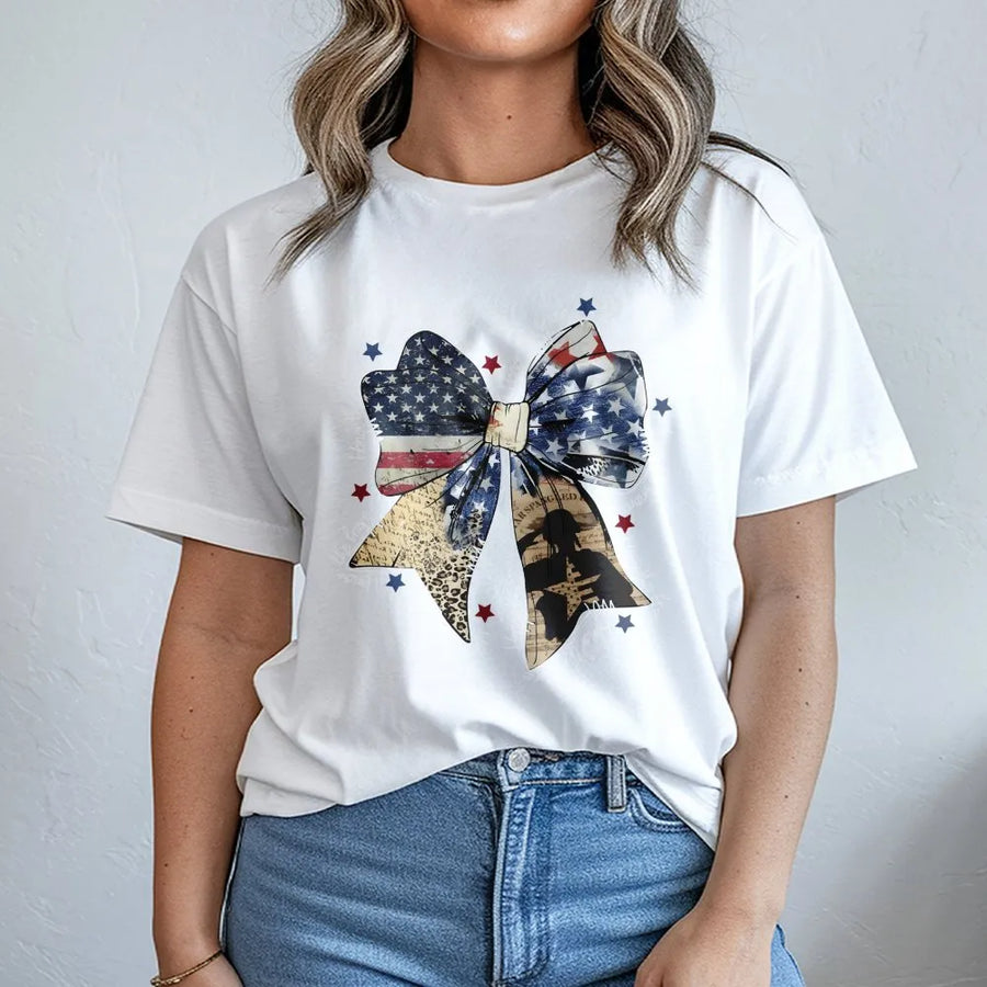 American Flag Bow T-Shirt | Patriotic Coquette Aesthetic | Premium Soft Cotton Tee | 4th of July Memorial Day Gift for Women