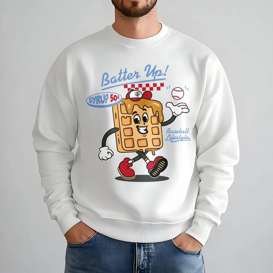Funny Baseball Sweatshirt | Retro Waffle Cartoon Character | Soft Cotton Poly Crewneck | Gift for Sports Fan & Baseball Lover