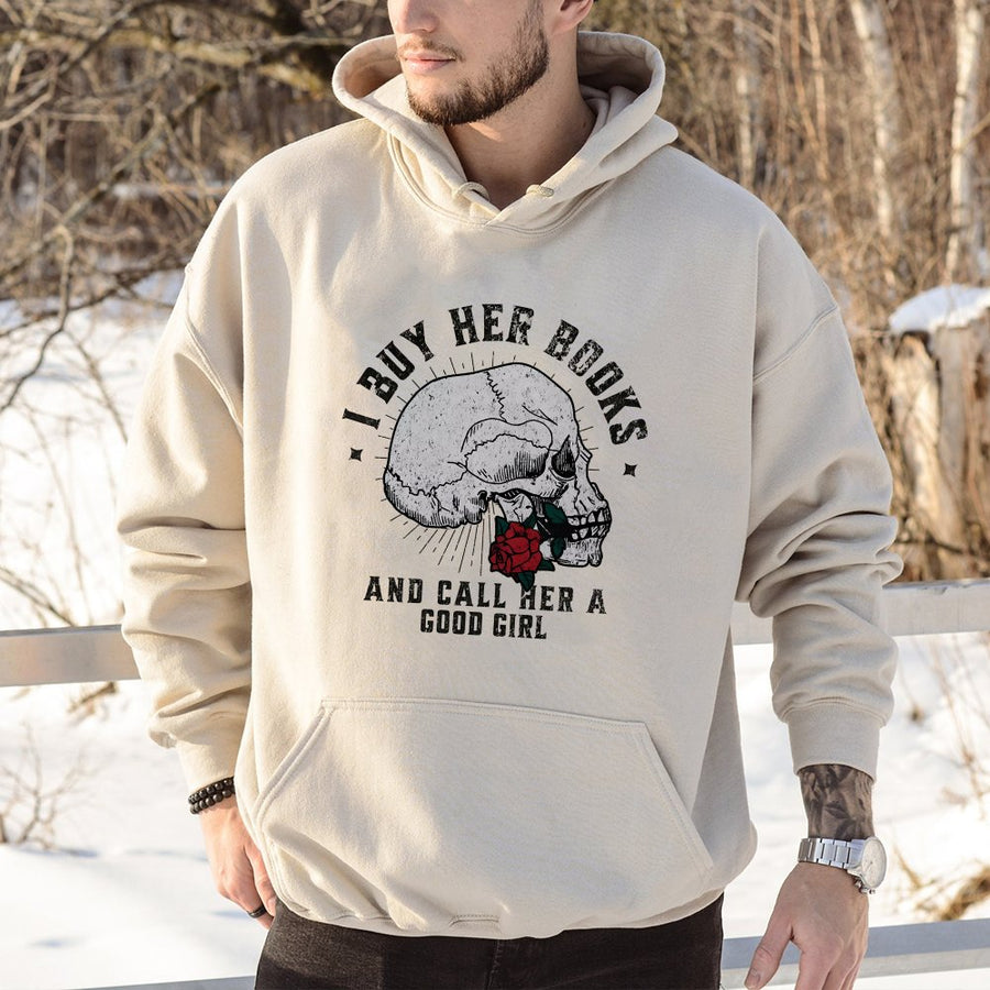 I Buy Her Books Hoodie | Dark Romance Skull Graphic | Premium Cotton Blend | Book Lover Gift for Readers and Smut Fans