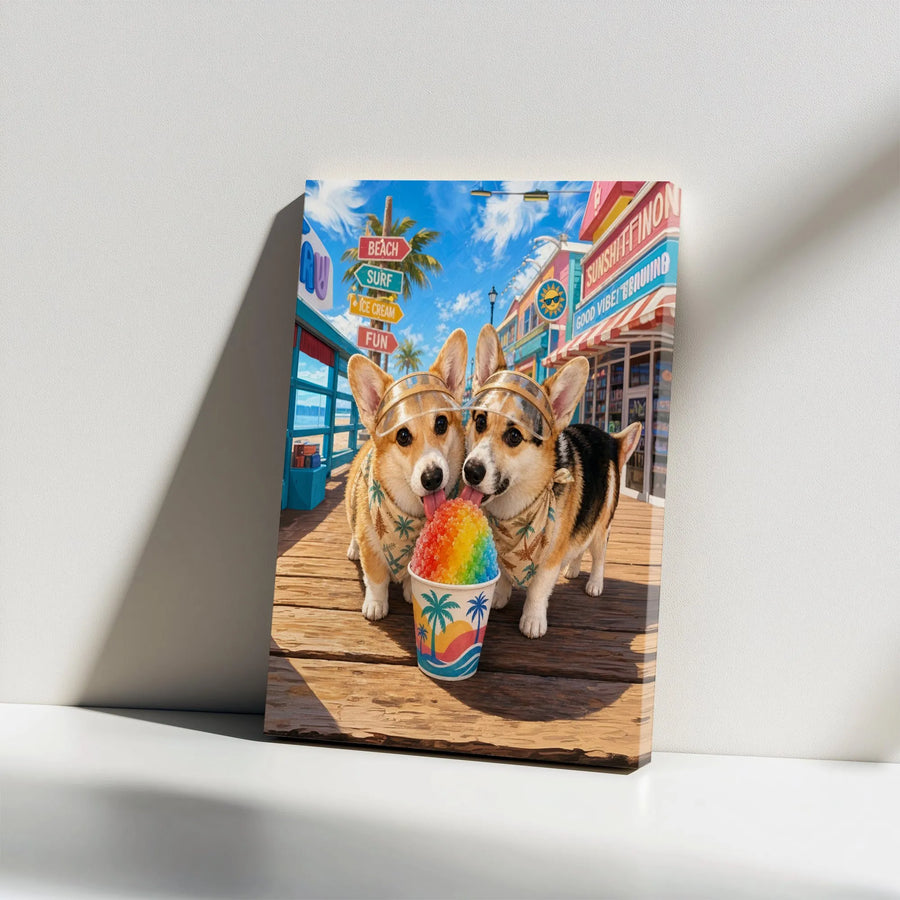 Corgi Beach Art Vertical Canvas | Cute Dogs Eating Rainbow Shaved Ice on Boardwalk | Premium 1.25" Gallery Wrap | Fun Summer Gift for Dog Lovers