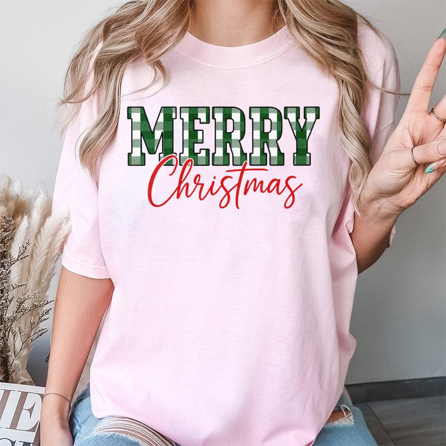 Merry Christmas T-Shirt | Buffalo Plaid Green Lettering | Premium Soft Cotton | Festive Holiday Gift for Family and Friends