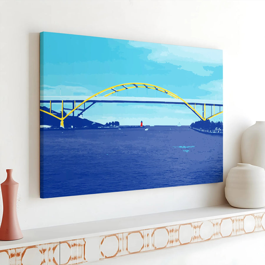 Milwaukee Hoan Bridge Horizontal Canvas Wall Art | Retro Yellow Arch Graphic Art Print | Premium 1.25” Gallery Wrap | Wisconsin Travel Decor Gift