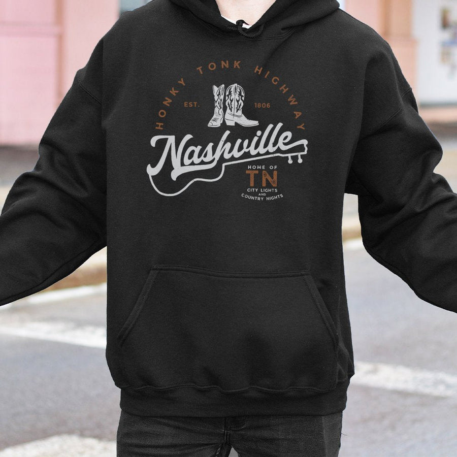Nashville Honky Tonk Highway Hoodie | Country Music Western Graphic Print | Soft Cotton-Polyester Blend | Trendy Souvenir Gift for Country Music Fans