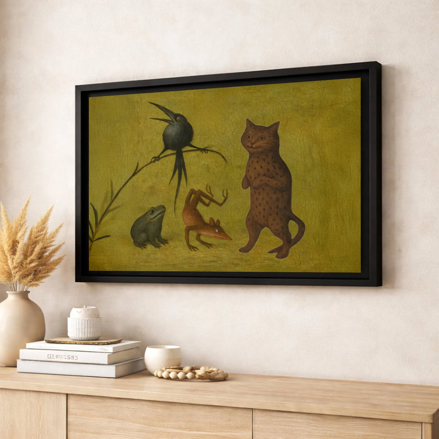 Bizarre Medieval Animal Canvas Print | Quirky Cat Bird Frog Fox Folk Art | Gallery-Quality 1.25” Thick Canvas | Dark Academia Home Decor
