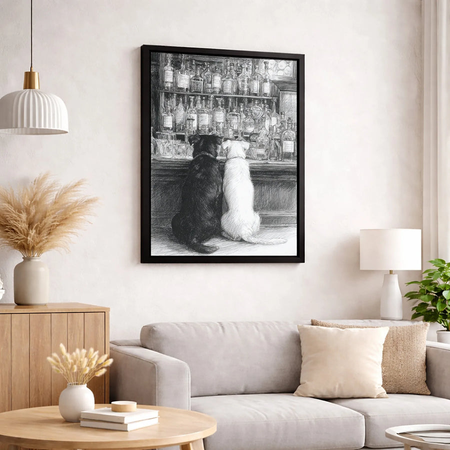 Labrador Dogs at Bar Canvas Print | Black and White Sketch Art | Premium 1.25 Inch Gallery Wrap | Dog Lover Home Office Gift Decor