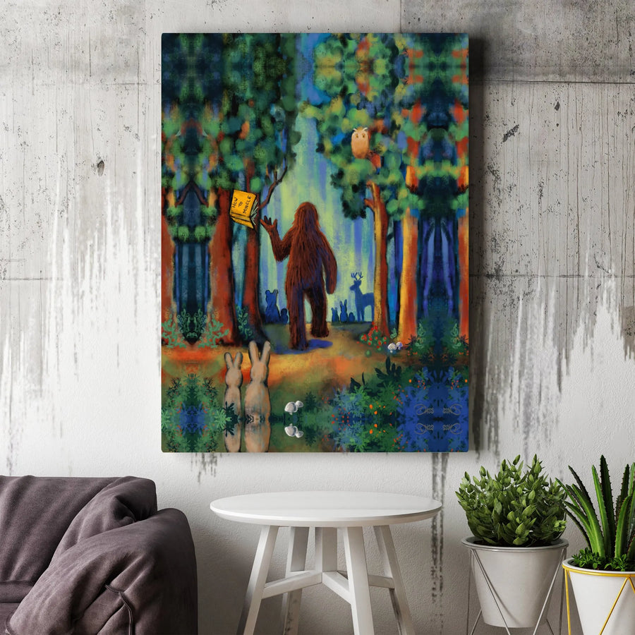 Bigfoot Canvas Wall Art | Funny Sasquatch Finding 'How to Mingle' Book | Premium Gallery Wrapped Print | Unique Introvert Gift & Cabin Decor
