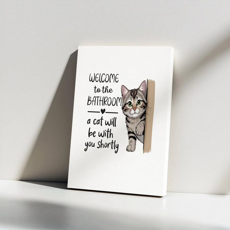 Funny Cat Bathroom Canvas Wall Art | Peeking Tabby with Welcome Quote | Premium Gallery Wrapped Print | Gift for Cat Lover Home Decor