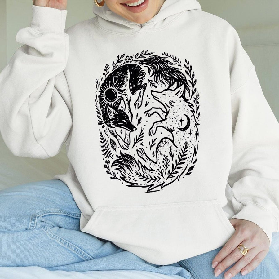 Fox Yin Yang Hoodie | Celestial Sun and Moon Naturecore Graphic | Premium Cotton-Blend | Mystical Animal Gift for Cottagecore Aesthetic