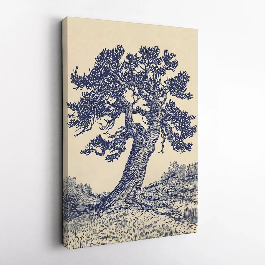 Windswept Bonsai Tree Wall Art | Woodcut Illustration Print | Gallery-Wrapped Premium Canvas | Modern Nature Home Decor Gift