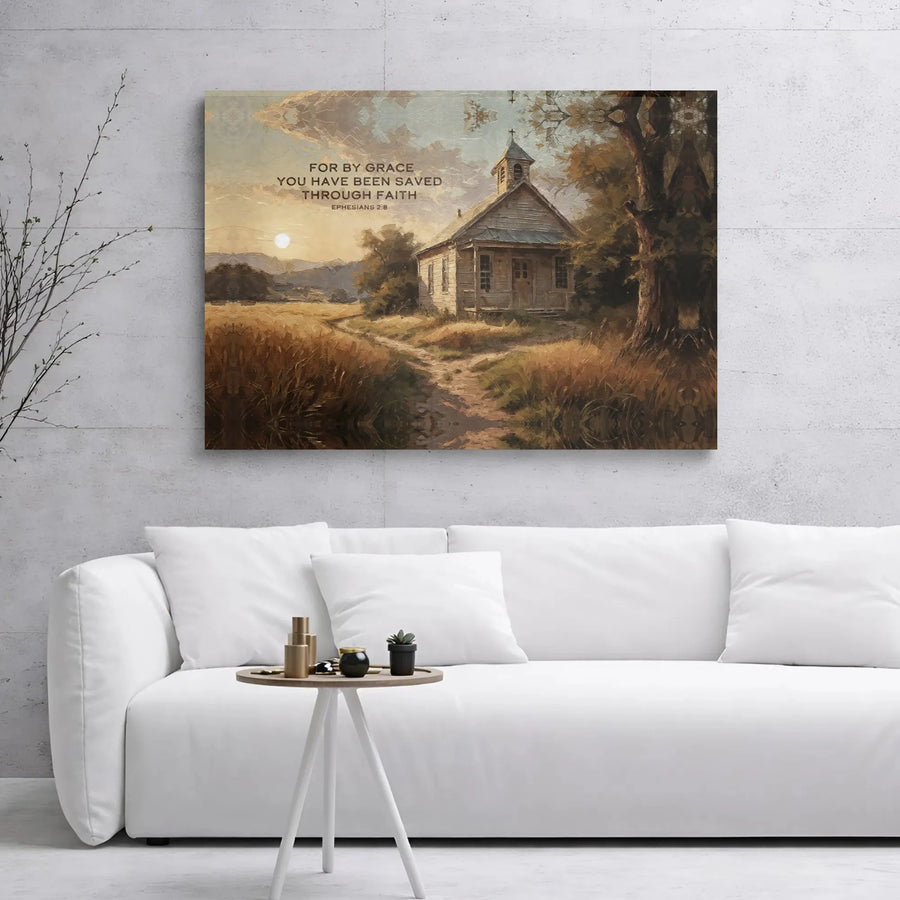 Ephesians 2:8 Bible Verse Wall Art | Rustic Church Landscape Painting | Premium Gallery Wrapped Canvas | Faithful Christian Home Decor Gift
