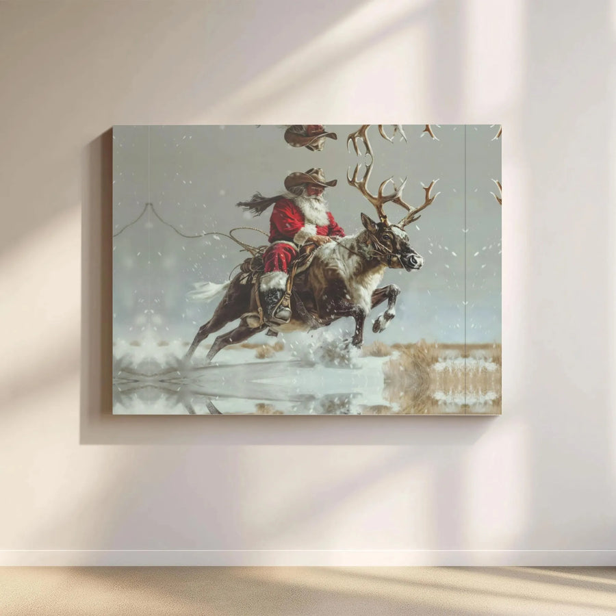Western Cowboy Santa Claus Canvas Print | Rodeo Reindeer Riding Art | Premium 1.25" Gallery Wrap | Unique Christmas Holiday Wall Decor