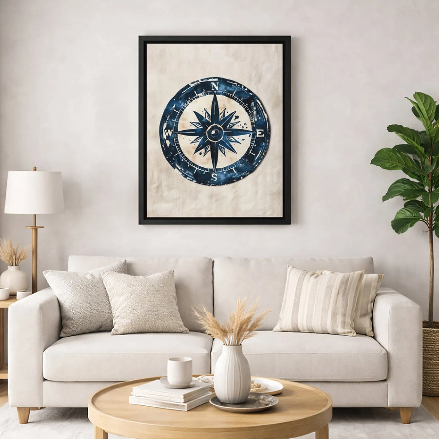 Nautical Compass Rose Canvas Wall Art | Vintage Navy Blue Sea Decor | Premium Gallery Wrap 1.25 Inch Profile | Coastal Home Office Gift