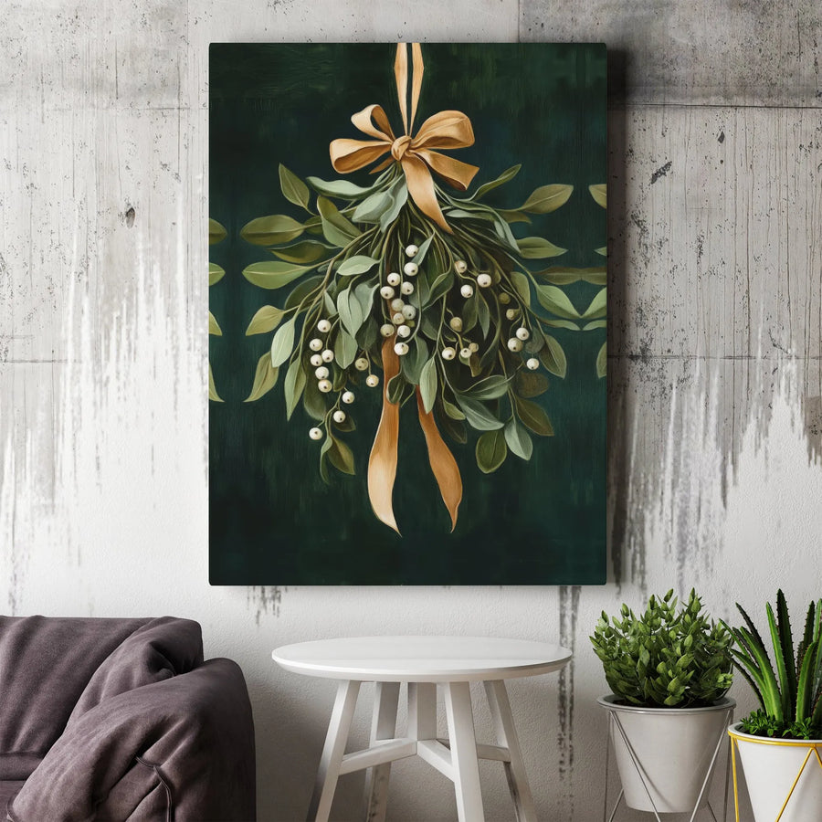 Mistletoe Wall Art Canvas | Festive Botanical Painting with Gold Bow | Premium Gallery-Wrapped Fade-Resistant Print | Elegant Christmas Holiday Home Decor