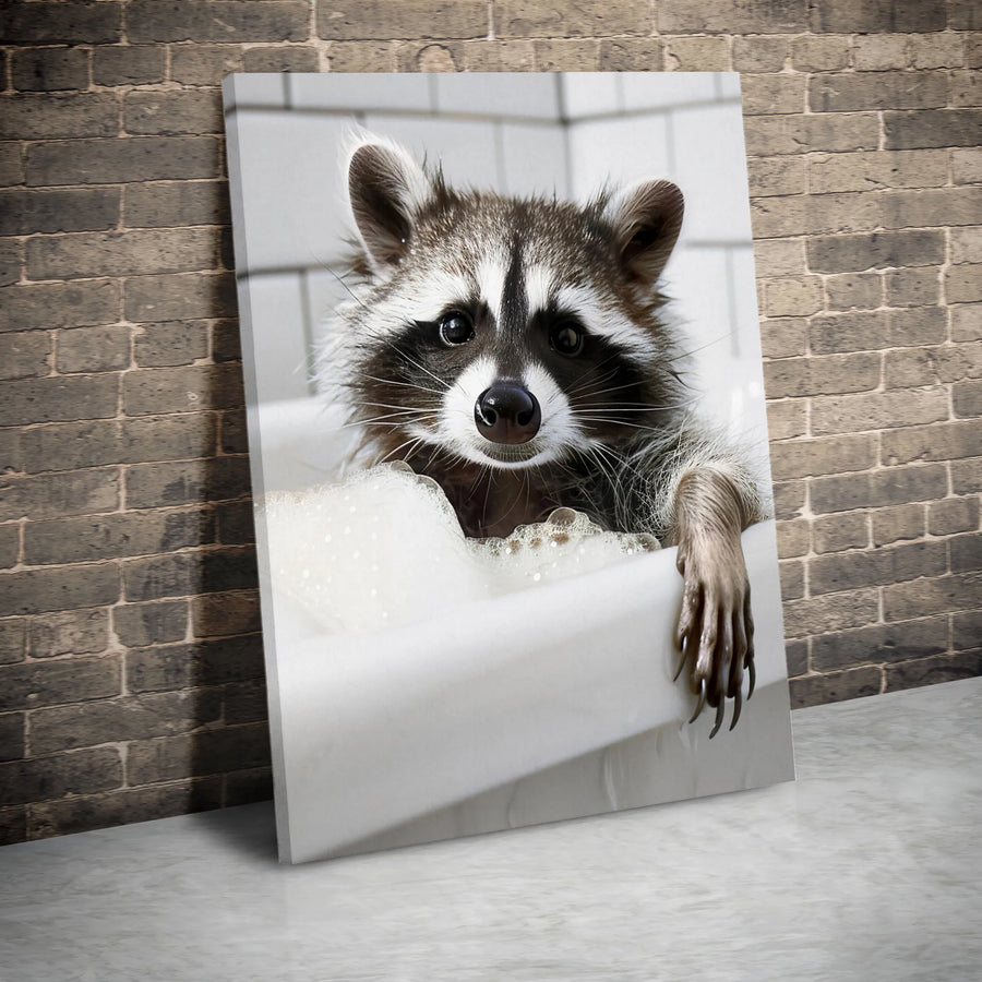 Raccoon Bubble Bath Wall Art | Funny Animal Bathroom Canvas Print | Premium Gallery-Wrapped Decor | Whimsical Gift For Animal Lovers