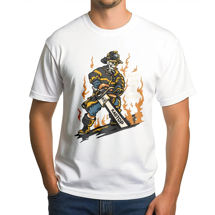 Firefighter Skeleton T-Shirt | Best Job In The World Graphic Design | Premium Cotton Tee | Funny First Responder Gift For Fireman