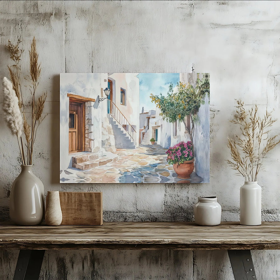 Mediterranean Alley Watercolor Horizontal Canvas | Greek Village Street Painting | Premium 1.25" Gallery Wrap Wall Art | Charming Housewarming Gift