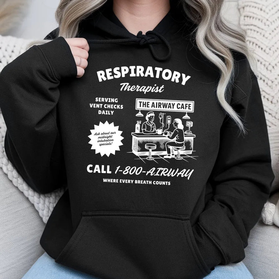 Respiratory Therapist Hoodie | Funny Airway Cafe Medical Design | Premium Cotton Blend | Perfect Gift for RT Student or Healthcare Professional