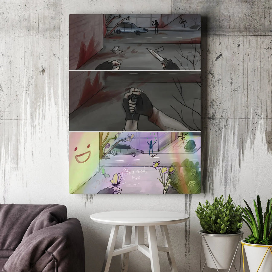 Duality Comic Canvas Wall Art | Post-Apocalyptic vs Whimsical Contrast | Premium Fade-Resistant Print | Dark Humor Home Decor Gift