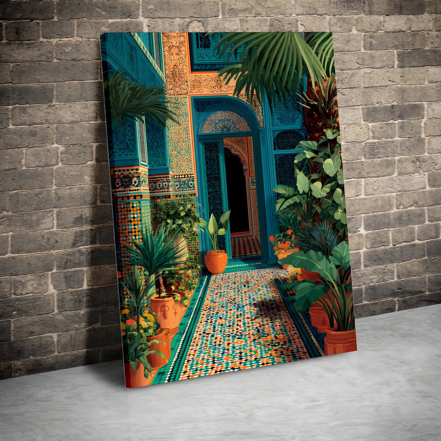 Moroccan Riad Canvas Wall Art | Vibrant Tiled Courtyard with Palm Trees | Premium Gallery Wrapped Print | Exotic Travel Home Decor Gift
