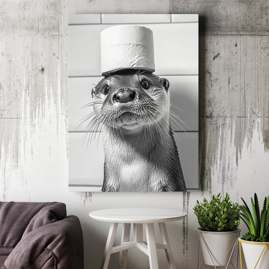 Funny Otter Canvas Print | Black and White Animal Photo with Toilet Paper Hat | Premium Gallery Wrapped Canvas | Humorous Bathroom Wall Decor Gift
