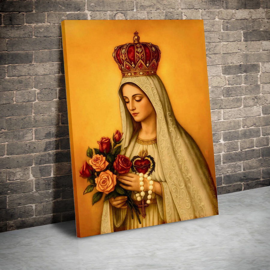 Our Lady of Fatima Canvas Wall Art | Sacred Heart and Rosary Portrait | Premium Gallery Wrapped Canvas | Catholic Christian Home Decor Gift