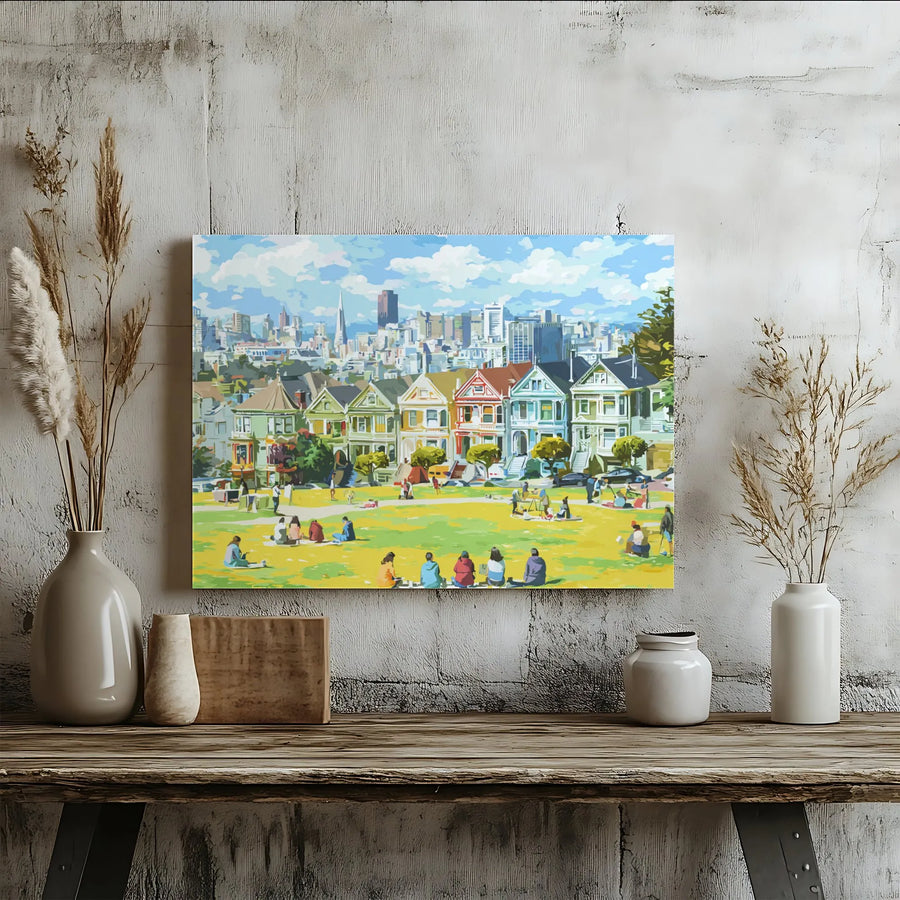 San Francisco Wall Art Canvas Print | Vibrant Painted Ladies Illustration, Alamo Square | Premium Gallery Wrap Canvas | California Home Decor Gift